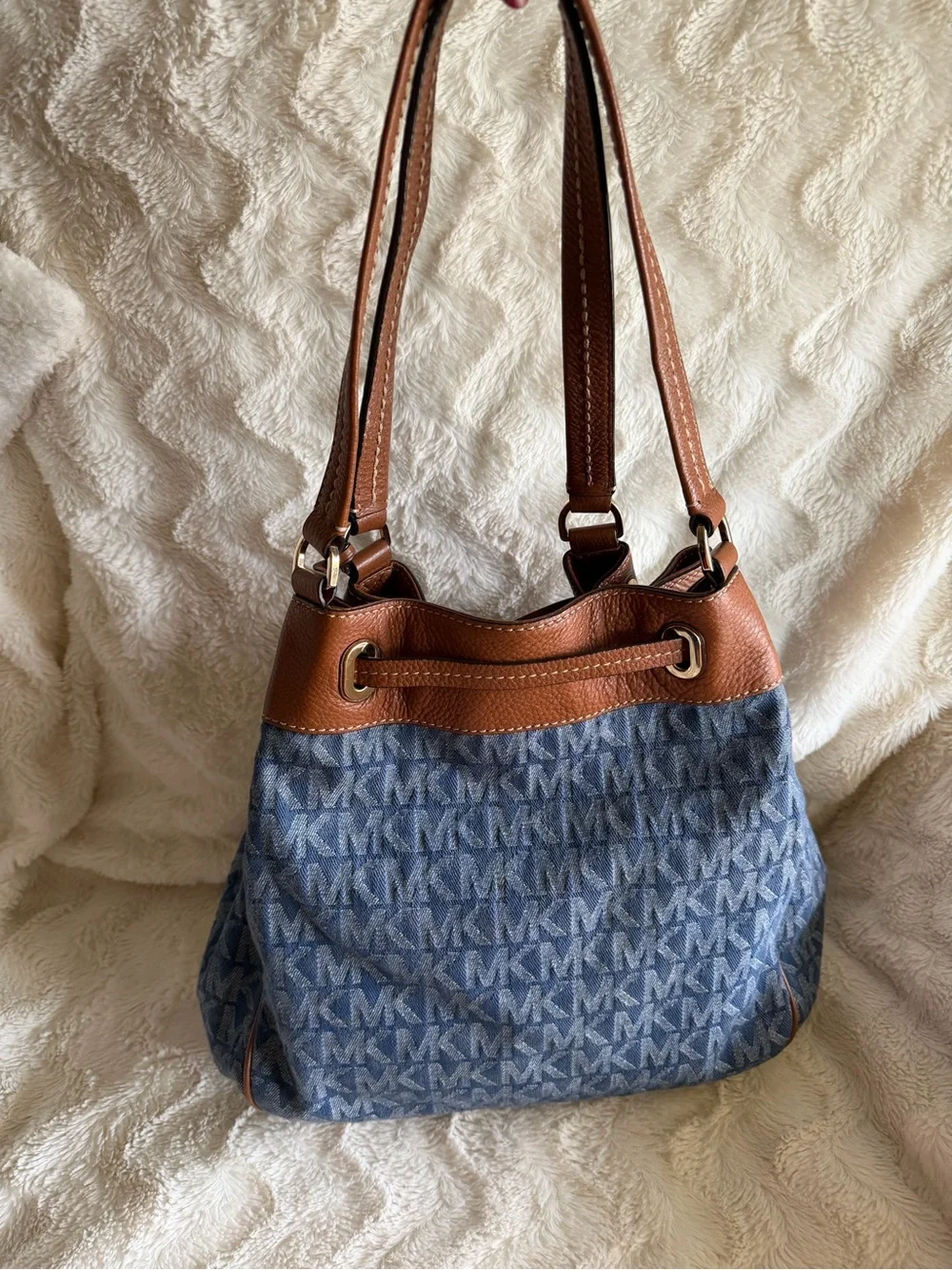 Like New! Michael Kors Denim MK Logo Shoulder Bag with Brown Leather Trim